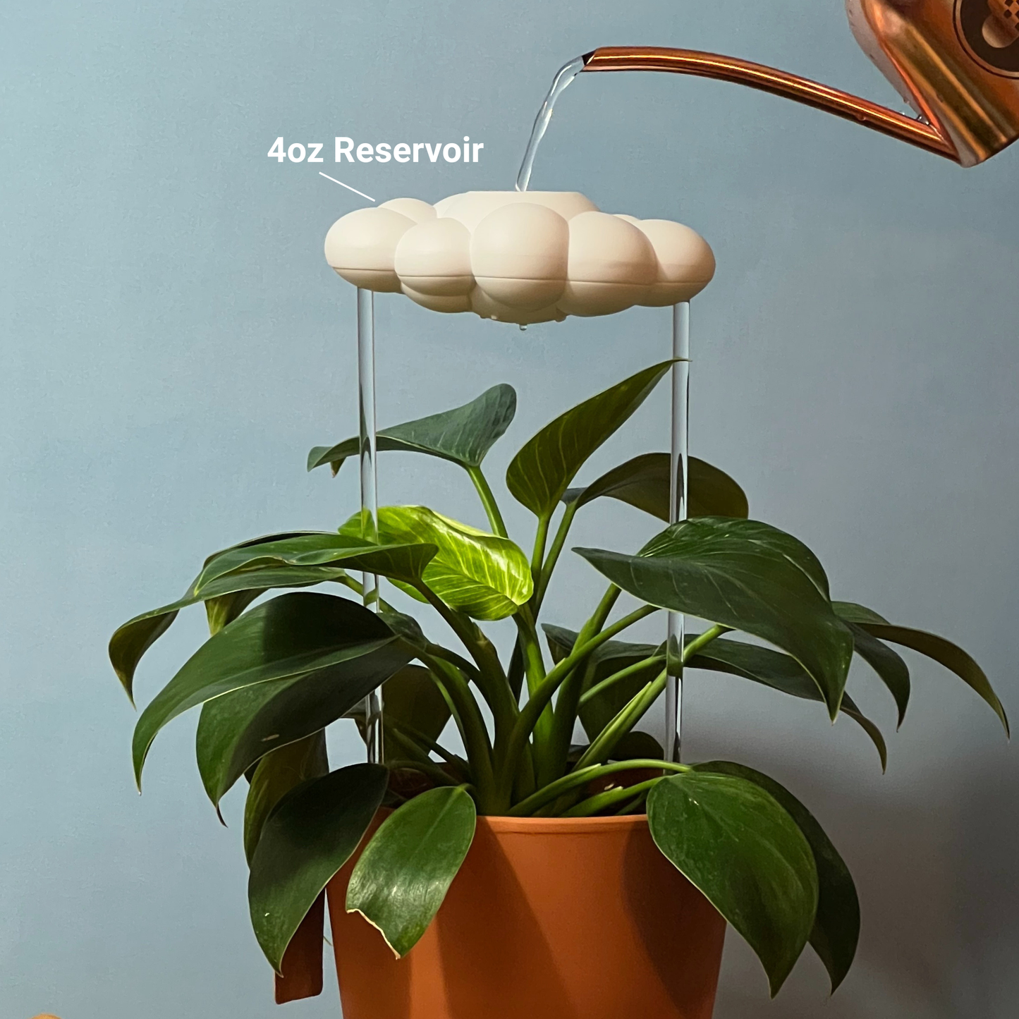 Original dripping rain cloud with a 4oz reservoir being filled from a copper-colored watering can on a light blue background.