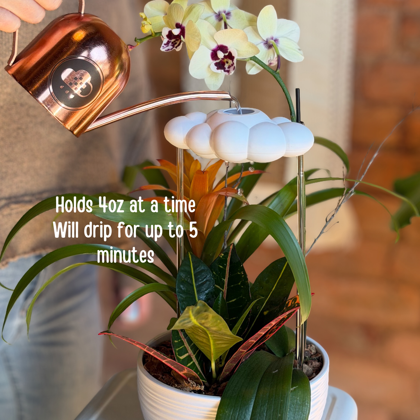 Copper watering can filling the Original Dripping Rain Cloud with "Hols 4oz at a time will drip for up to 5 minutes" text overlay