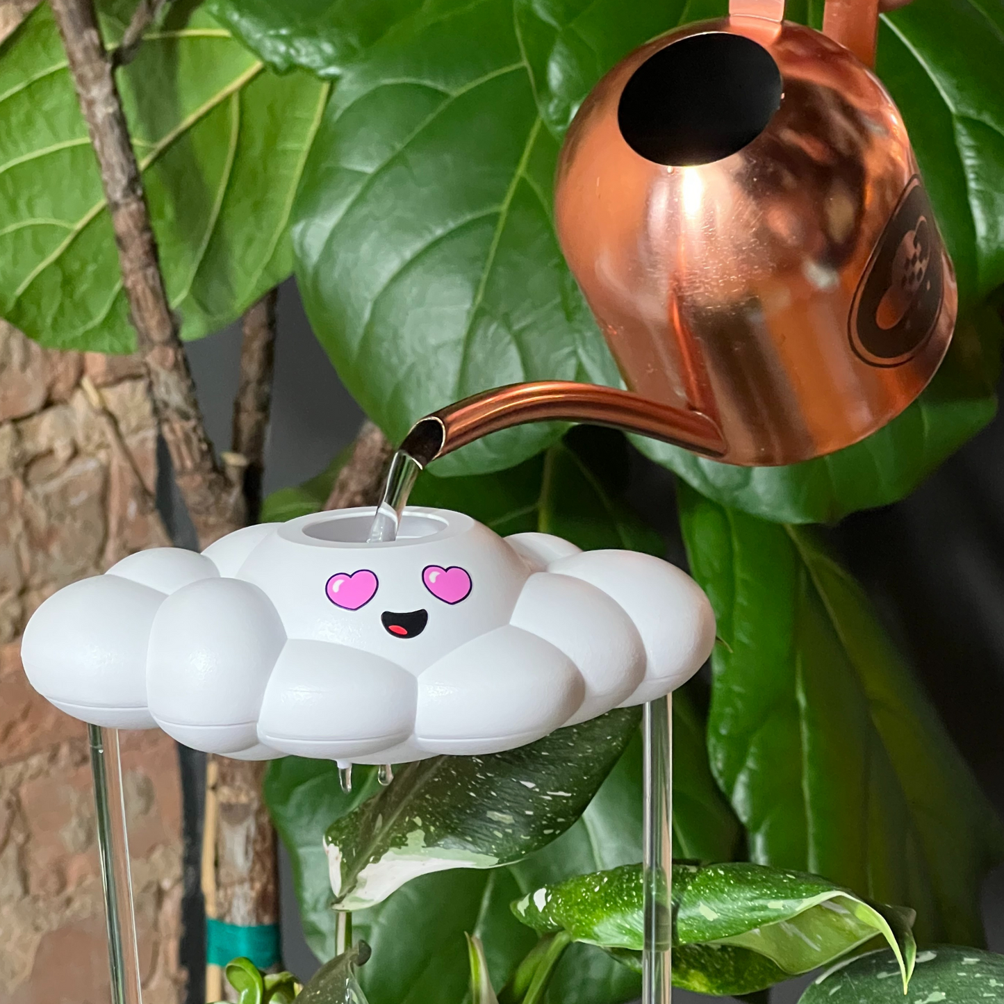 Copper watering can filling Chloe the Cloud, with green leaves in the background.