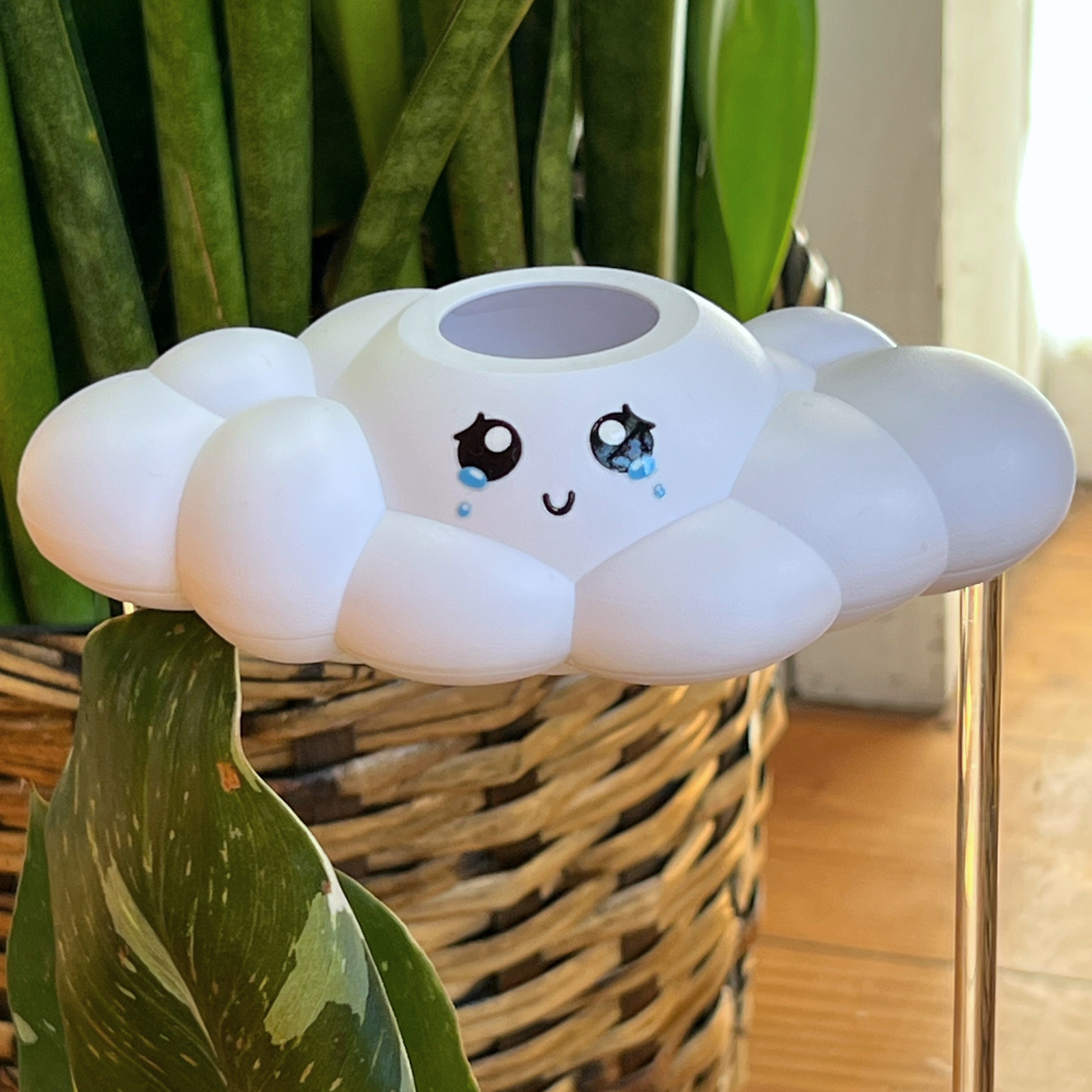 Clara the Cloud in front of a plant