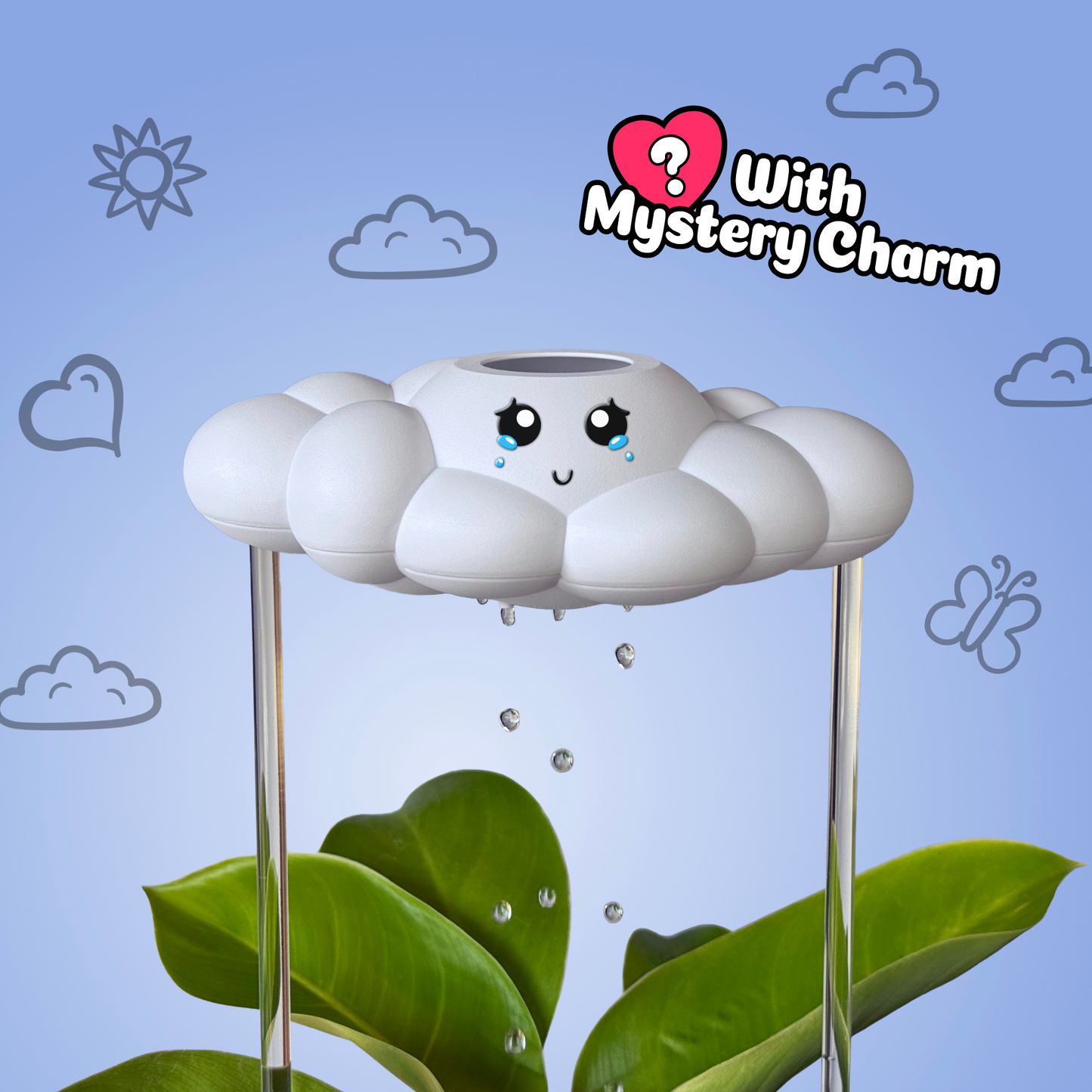 Clara the Cloud watering a plant against a blue background with cloud and heart icons.