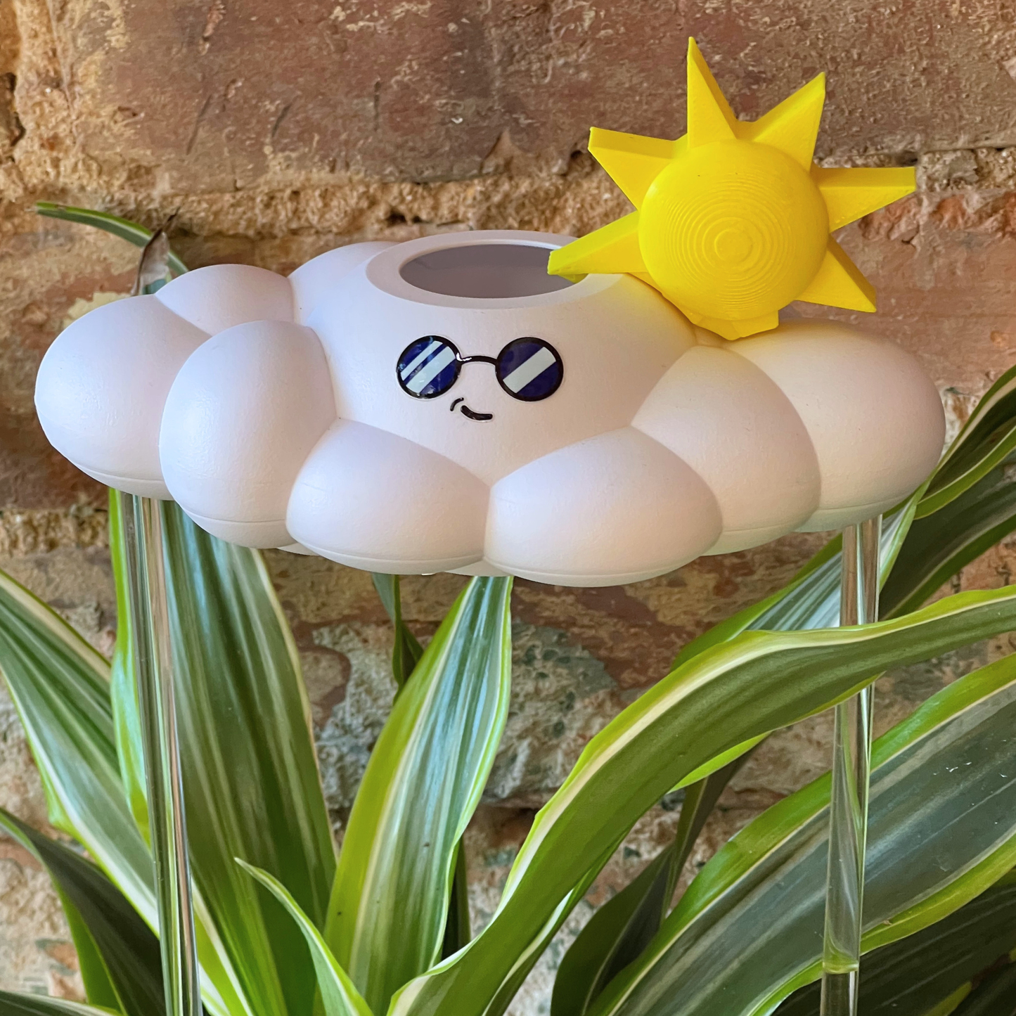 Cooper the Cloud with a sun charm on top against a brick wall.