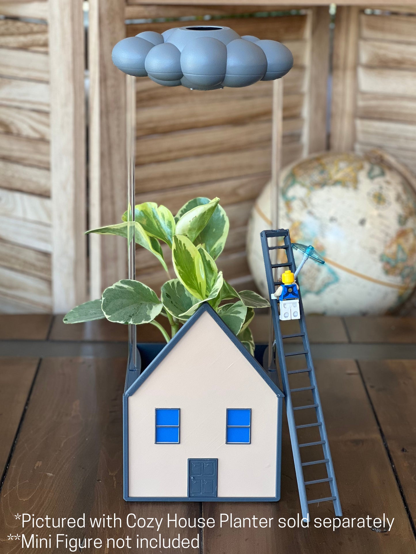 Stormy dripping rain cloud by THE CLOUD MAKERS with ladder charm in cozy house planter