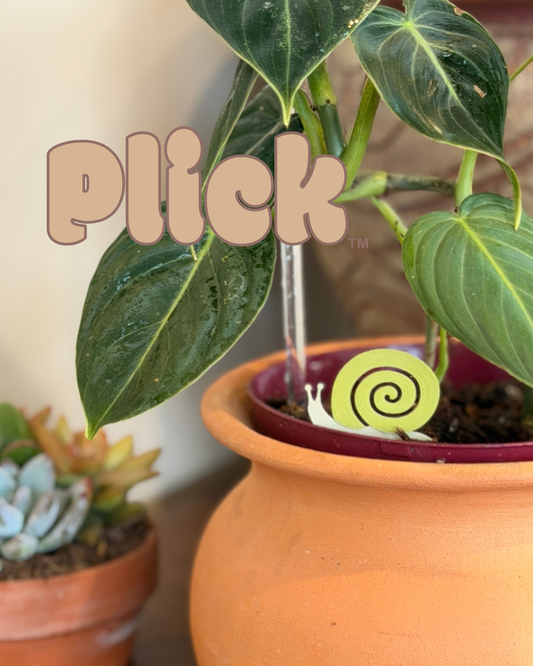 Potted plants with a snail and the brand 'Plick' visible