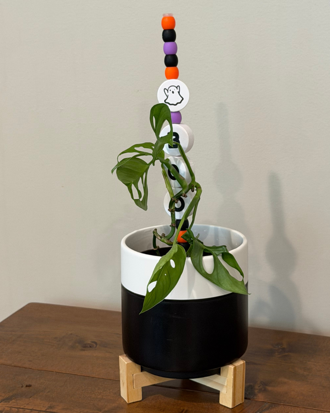 A potted plant with green leaves in a black and white ceramic pot, displayed on a small wooden stand against a plain beige wall. A colorful vertical plant marker with a cartoon face is attached to the pot.