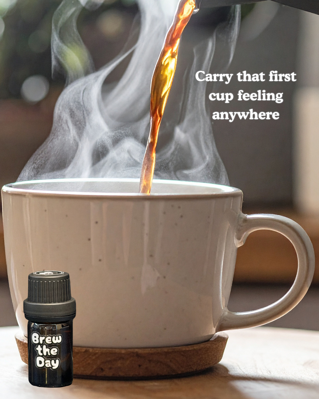 Steaming coffee being poured into a mug with 'Brew the Day' fragrance oil bottle.