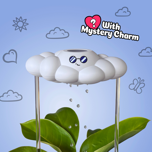 Cooper the Cloud in a plant, on a blue background with cloud and heart icons.