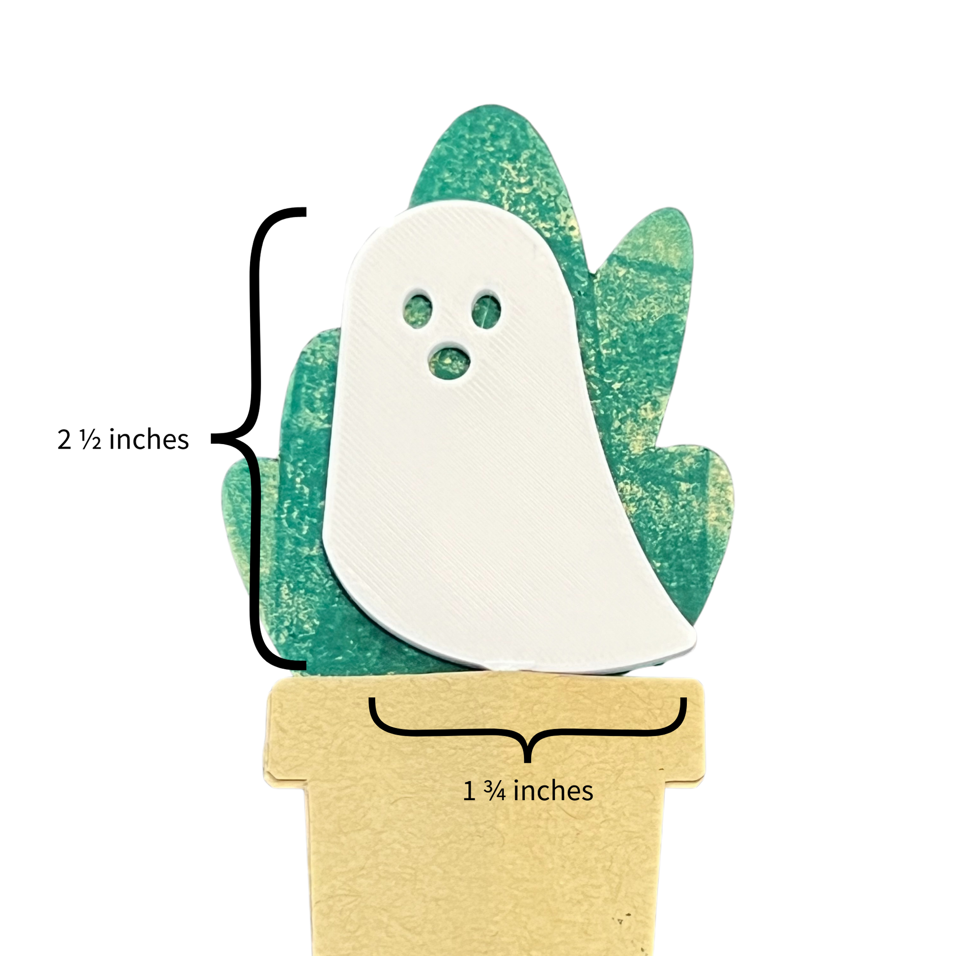 Ghost-shaped Plick with measurements on a white background