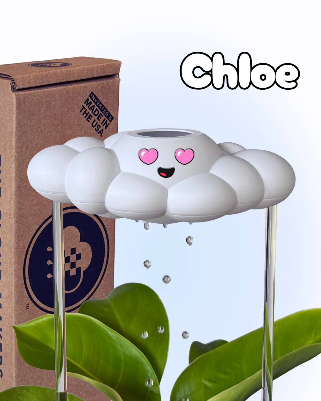 Chloe the Cloud in a plant with packaging  