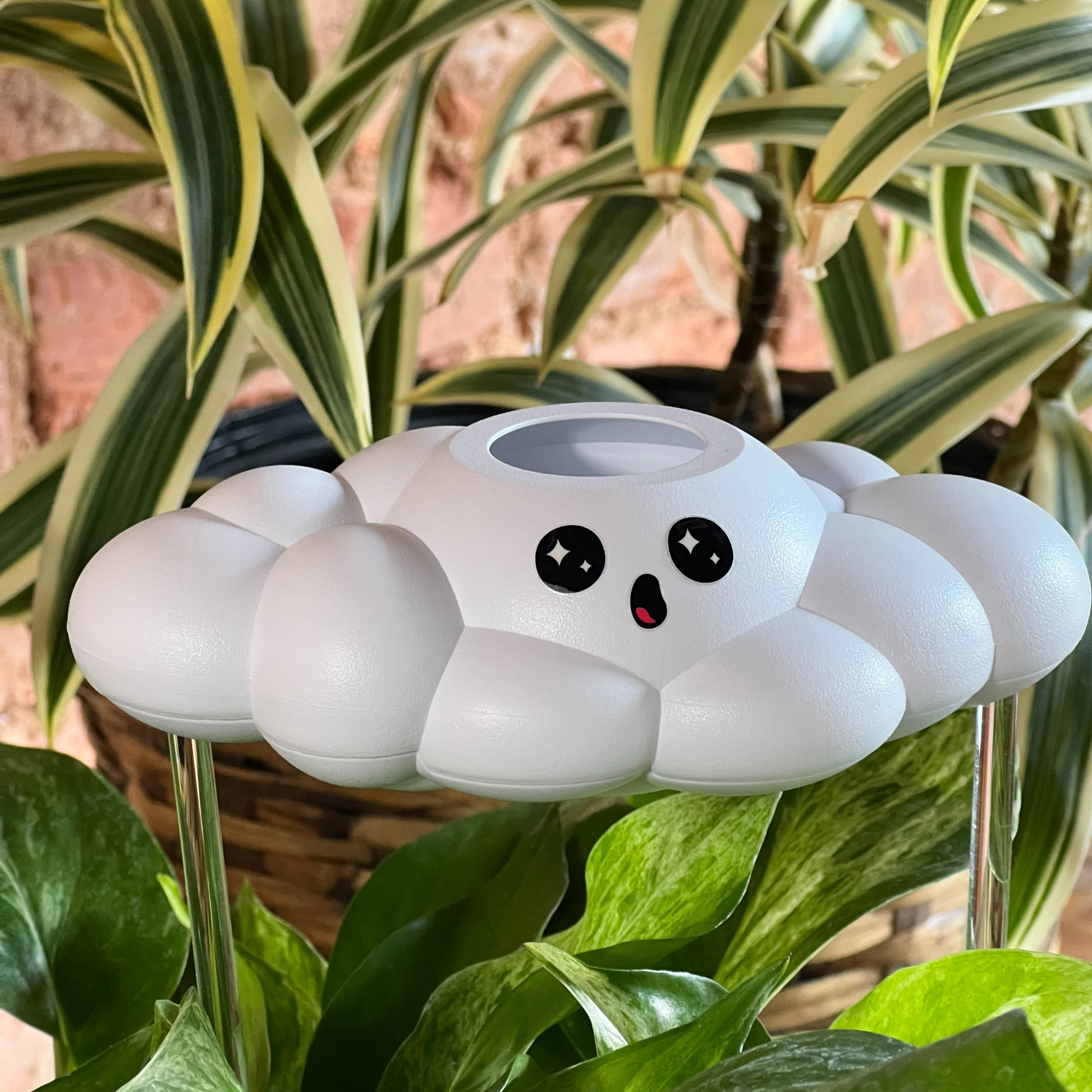 Cosmo the Cloud surrounded by green plants