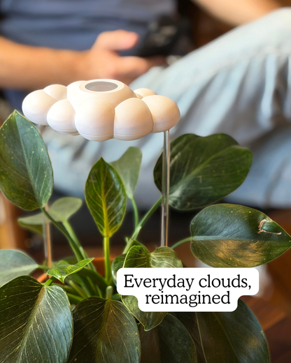 The Original Dripping Rain Cloud in a plant with text 'Everyday clouds, reimagined' in a blurred indoor setting.