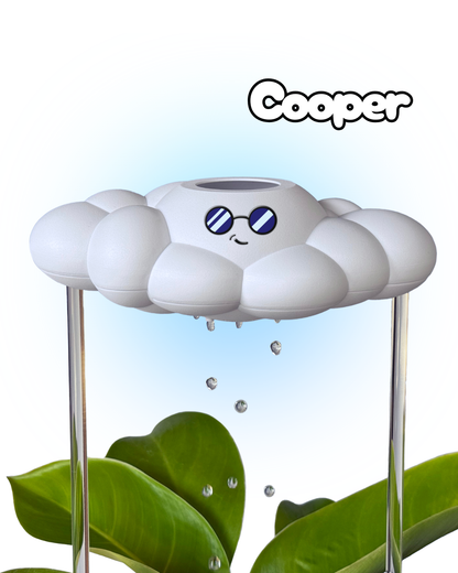 White cloud-shaped watering device with a face, labeled 'Cooper', on a light blue background with green leaves at the bottom.