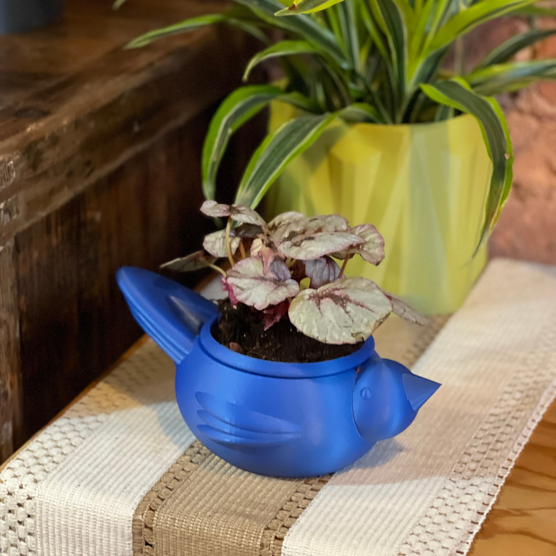 Chunky Bird self watering planter  with a small plant on a woven surface