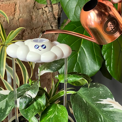 Copper watering can pouring water into Cooper the Cloud, surrounded by green plants.
