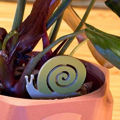 Decorative snail plick in a pot with plants on a wooden surface